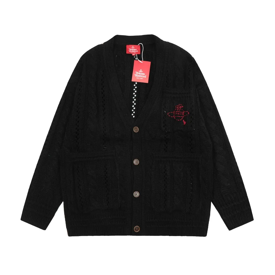 vivienne west wood West Queen Vivian Saturn New Retro "Unisex" Hollow Knitted Sweater Wool Cardigan 2024 Spring Latest Style Size: S -M- L Color: Apricot Black